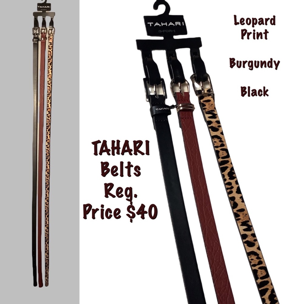🆕 NWT Pretty 3 TAHARI Belts Leopard Print, Black & Burgundy Size LARGE